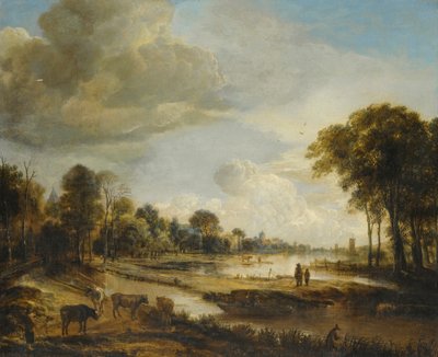 Eine Flusslandschaft mit Figuren und Vieh von Aert van der Neer